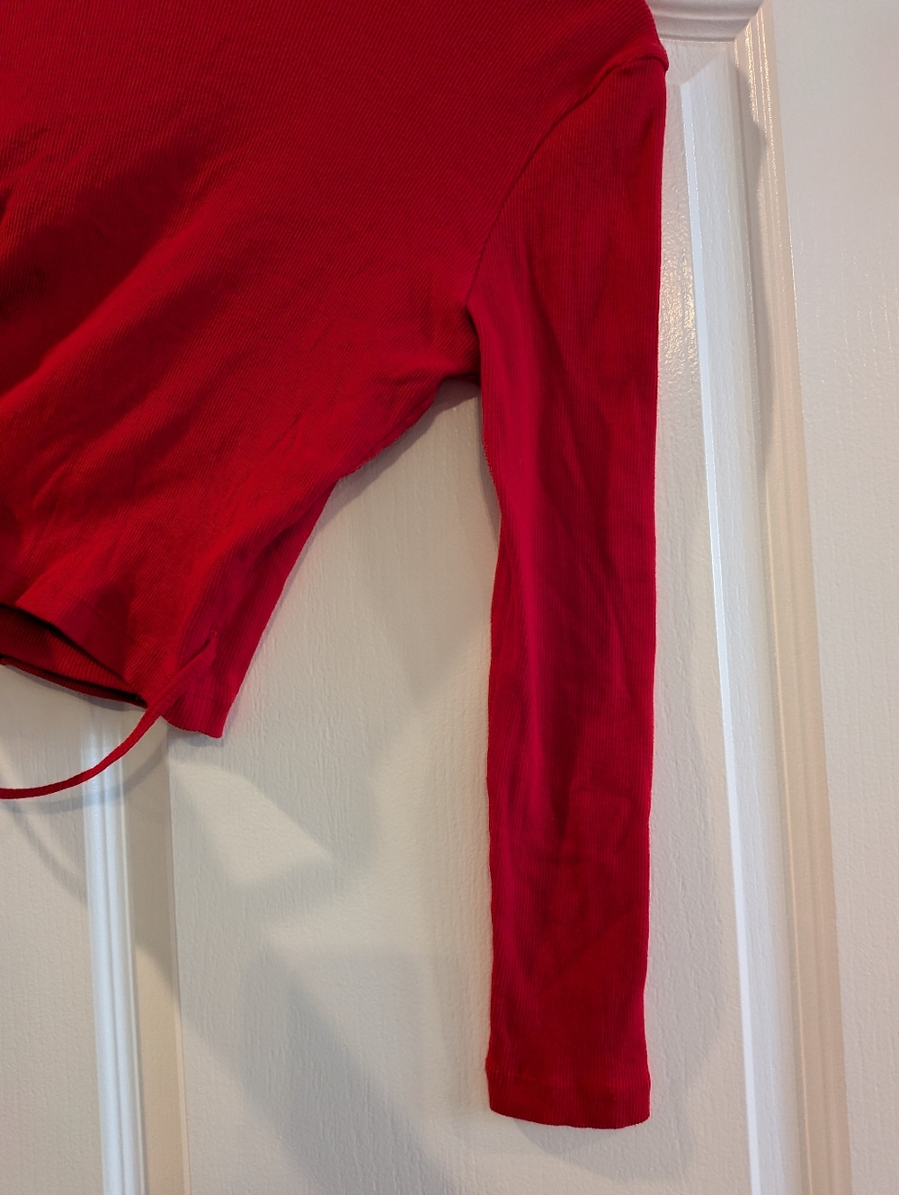 Lisa Says Gah Lucille Wrap Top Red Ribbed Long Sleeve Cropped Cotton Size M - Picture 12 of 15